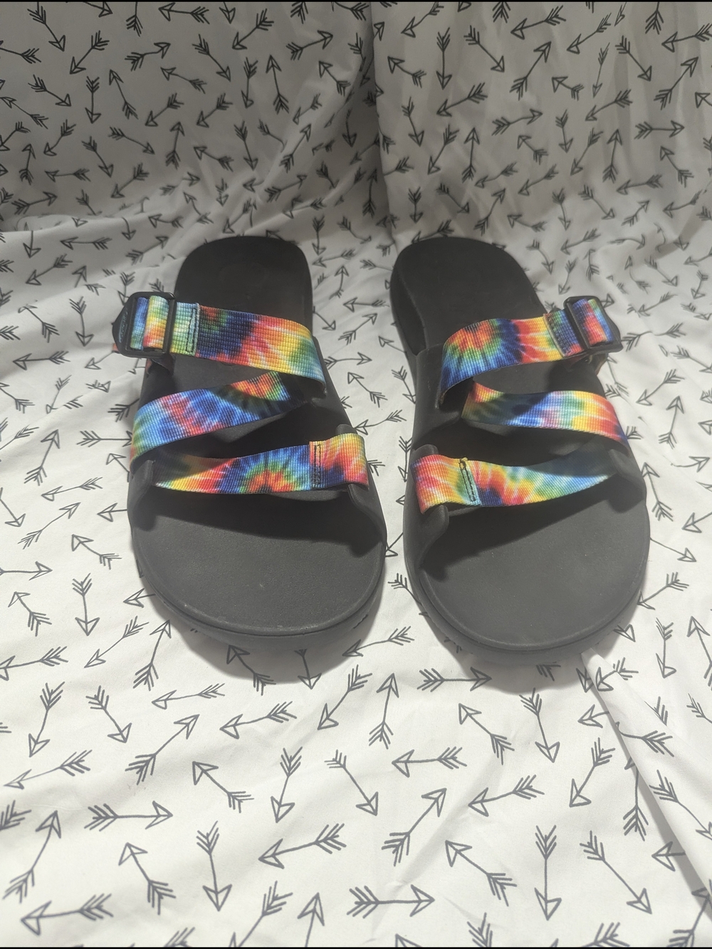 Chaco Chillos Rainbow Tie-Dye Strap Slide Sandals - Black Footbed